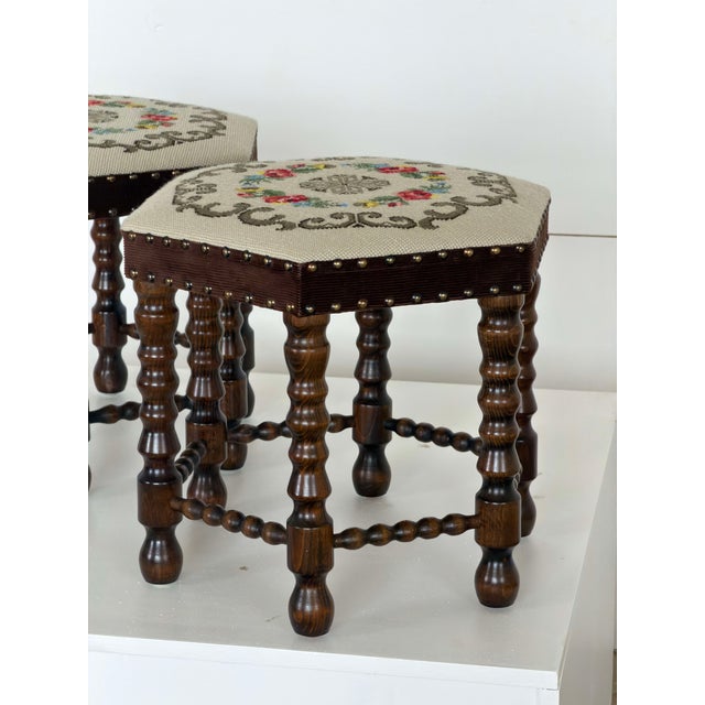 Scandinavian Modern Needlepoint Tapestry Stools with Bobbin-Turned Legs, 1950s For Sale - Image 5 of 11