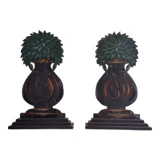 Large Antique Dummy Board Pair | Painted Wood Urn Topiary Cutouts | Primitive Sculpture For Sale