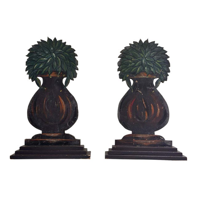 Large Antique Dummy Board Pair | Painted Wood Urn Topiary Cutouts | Primitive Sculpture For Sale