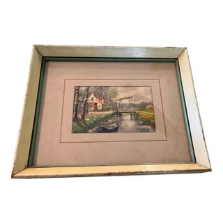 Vintage Mid-Century European Canal Landscape Painting With Bridge & Cottage, Framed For Sale