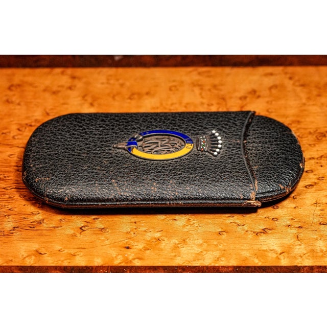 Black Austrian Antique Victorian Leather Cigar Case Silver Enamel Armorial Tobacciana For Sale - Image 8 of 14