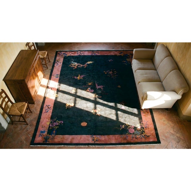 1920s Blue Navy Floral Animal Antique Chinese Art Deco Carpet 9' X 11'6" Knotted Wool Rug For Sale - Image 17 of 18