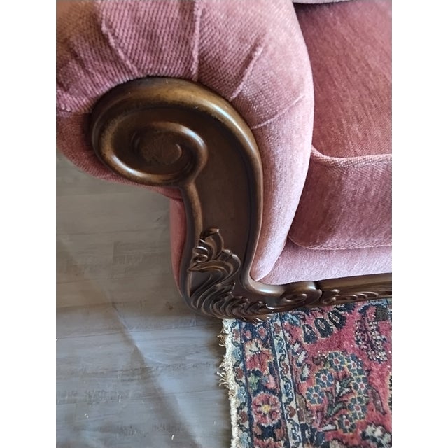 Vintage Hollywood Regency Style Carved Wood Pink Upholstered Loveseat For Sale - Image 15 of 15