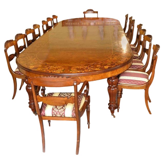 Burr Walnut Marquetry Dining Table and Chairs, 1990s, Set of 19 For Sale