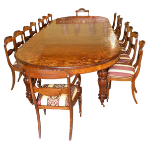 Burr Walnut Marquetry Dining Table and Chairs, 1990s, Set of 19