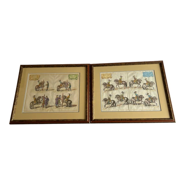Framed 18'th C Colored Engravings From William Cavendish's Book on Horsemanship a Pair For Sale