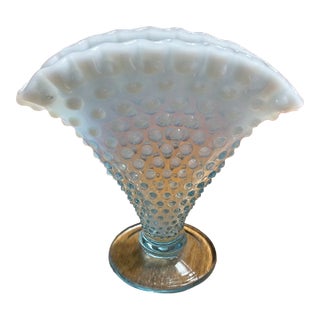 Vintage 1940s Fenton Blue Opalescent Glass Hobnail Fan Vase Ruffled Rim For Sale