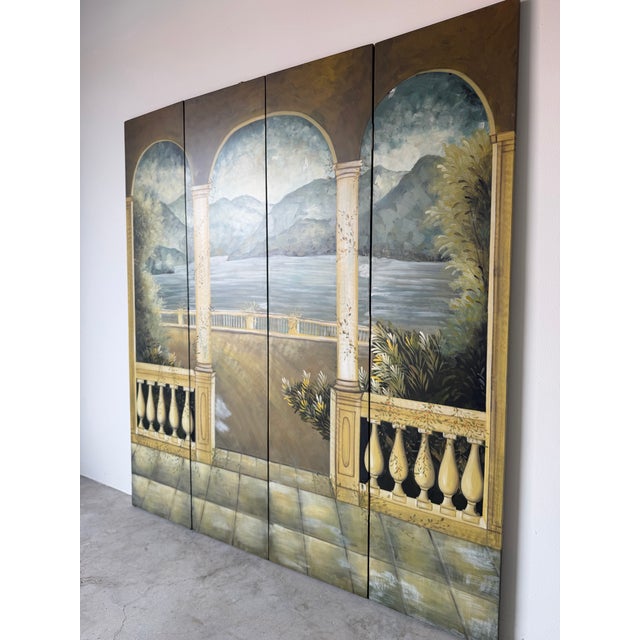 1980s Vintage Hand-Painted Four-Panel Folding Screen – Architectural Landscape Room Divider For Sale - Image 5 of 12