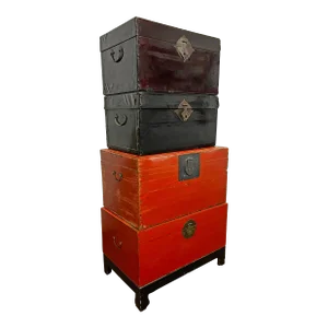Antique Chinese Chests, Lacquered Leather 'Vellum' and Wood - Set/4