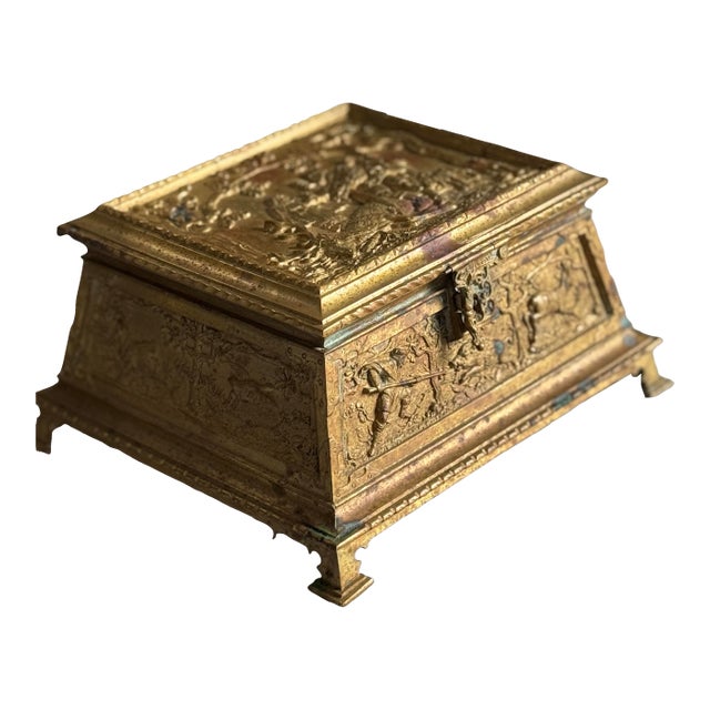 Vintage or Antique Patinated Gilt Bronze Jewelry Casket or Dresser Box 8.5"x7.5"x4.25" For Sale