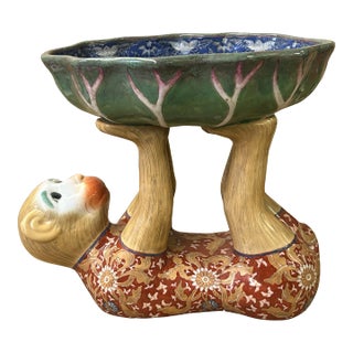 Vintage Oriental Red Base Copper Color Flower Monkey Holding Bowl Figure For Sale