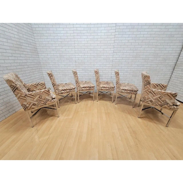 Mid Century Milo Baughman Style Chrome Base Cushion Top Dining Chairs in Original Fabric - Set of 6 This set includes two...