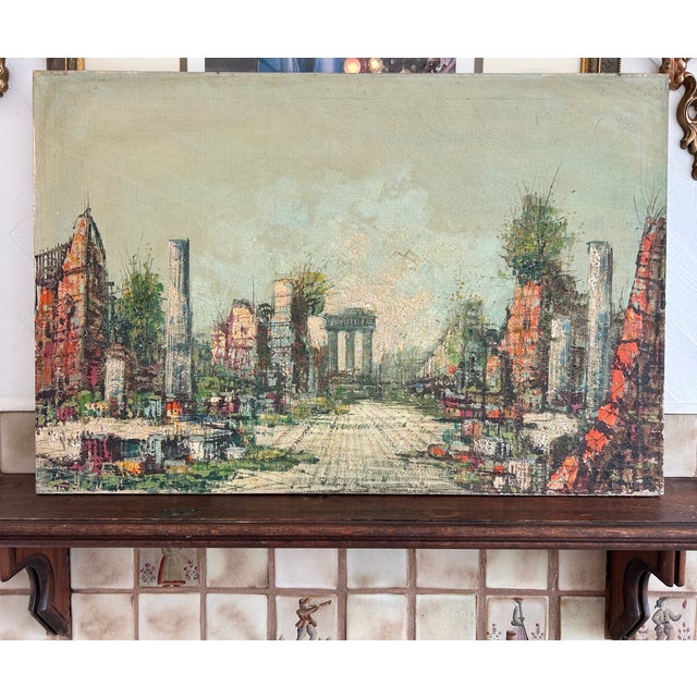 Mid-Century Modern Mid-Century Modern Oil Painting, Abstract Cityscape With Classical Ruins Influence, Large Textured Canvas, C. 1950s For Sale - Image 3 of 9