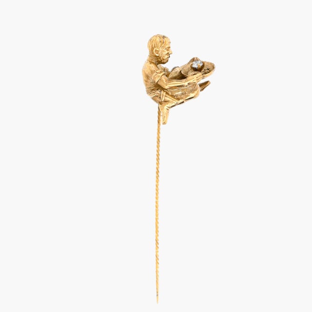Gold Antique 9k Gold & Diamond Figural Gold Panning Miner Stick Pin For Sale - Image 8 of 15