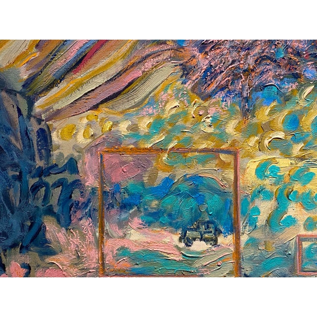 Vintage 60s Molly Schiff painting that is a landscape with textural paint application in a wooden contemporary frame.