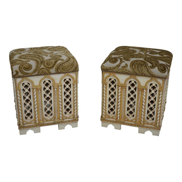 Pair Gothic Style Paint Decorated Stools For Sale