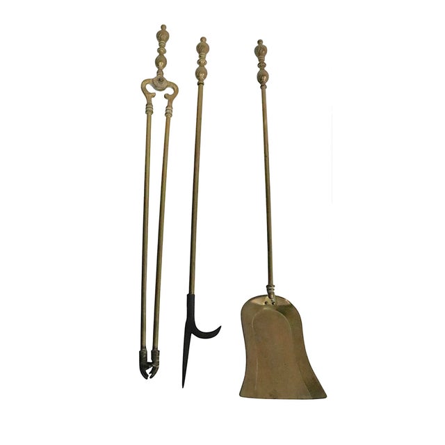 American Vintage Four Piece Brass Fireplace Tool Set For Sale - Image 3 of 10