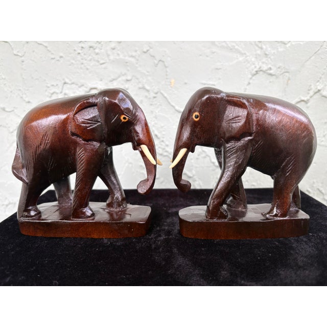 Folk Art Vintage Hand-Carved Wooden Elephant Figurines – Set of 2 For Sale - Image 3 of 7