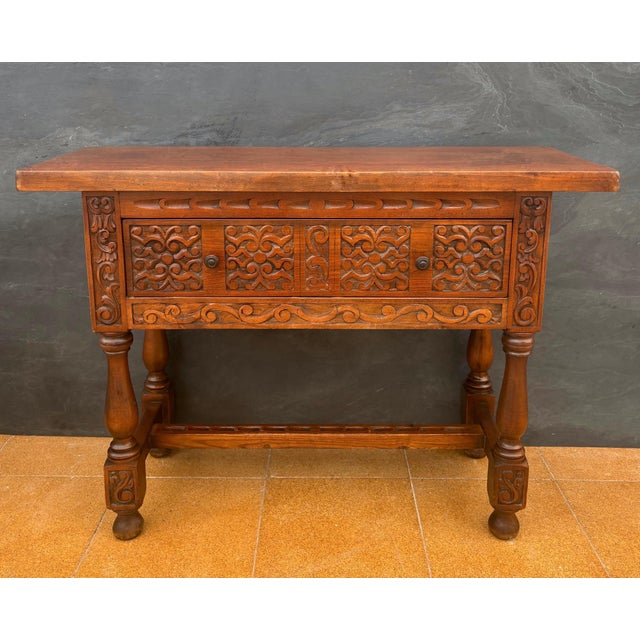 1940s Spanish Renaissance Low Console Table with Carved Front and Single Drawer For Sale - Image 4 of 13