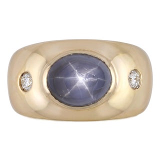 14k Yellow Gold Gia Certified Natural Star Sapphire & Diamond Three-Stone Ring, Size 6.5 For Sale