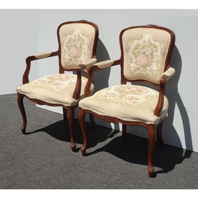 French Pair of Vintage French Louis Style Tapestry Arm Chairs For Sale - Image 3 of 18