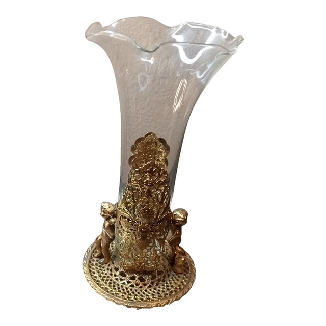 1950s Ormulu Ornate Filigree Cherub Brass Holder With Clear Epergne Vase For Sale
