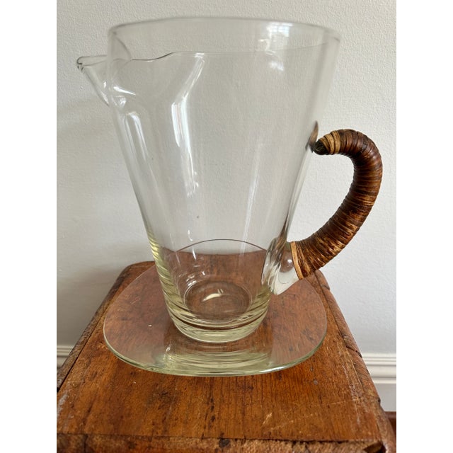 Vintage Carl Aubock Style Pitcher With Rattan Wrapped Handle and Attached Underplate For Sale - Image 10 of 12