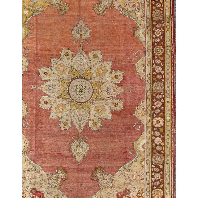 Antique Oushak Medallion Rug in Rose, Pale Green, Light Blue, Gold and Brown For Sale - Image 4 of 8