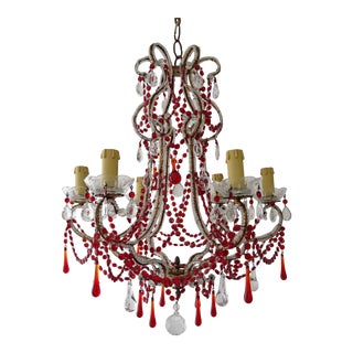 French Red Murano Drops and Chains Beaded Crystal Prisms Chandelier, Circa 1900 For Sale