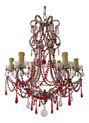 French Red Murano Drops and Chains Beaded Crystal Prisms Chandelier, Circa 1900