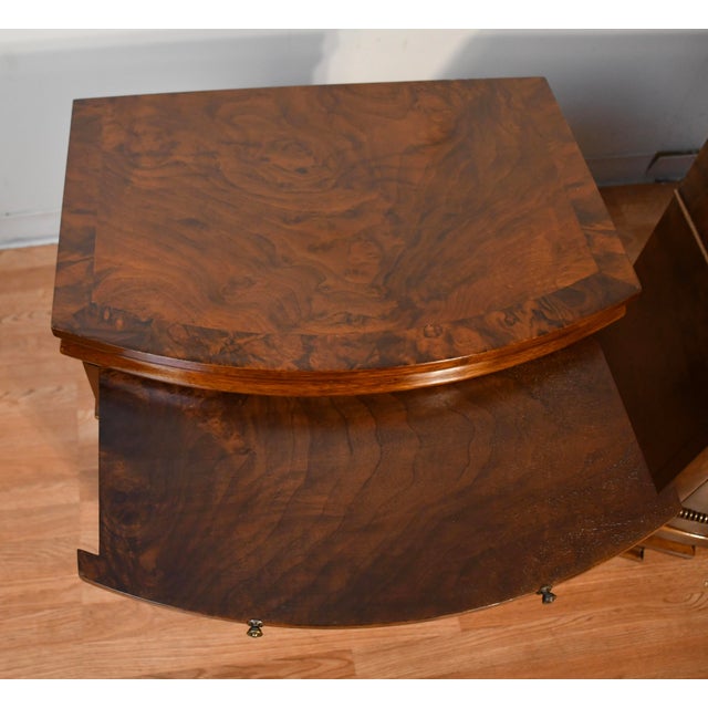 1930 Pair of English Regency Burl Walnut Nightstands / Bedside Tables / Commodes For Sale - Image 11 of 18