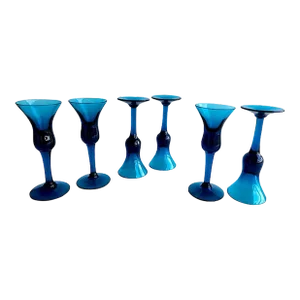 1960s Peacock Blue Kluk Kluk Cordial Glasses Designed by Jacob Bang for Holmegaard, Set of 6