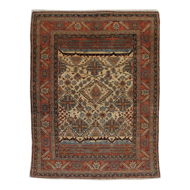 Antique Persian Bakhshaish Carpet, Handmade Wool Rug, Ivory and Rust For Sale