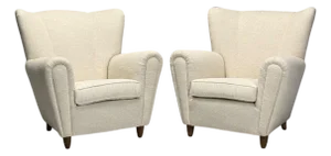 1940s Italian Modern, Stained Wood, Beige Tweed Fabric Club Chairs, Italy- Set of 2