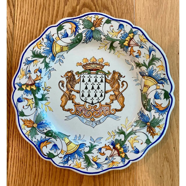 Antique French Quimper Porquier Beau Faience Armorial Plates- Set of 2 For Sale - Image 4 of 7