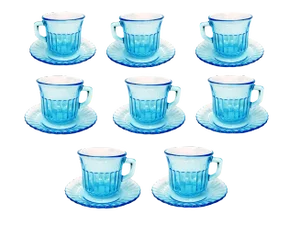 Vintage Forte Crisa Cup & Saucer Light Blue Glass Tea Serving Set of 8