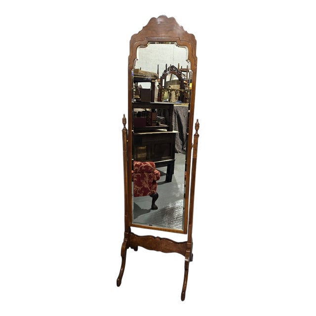 Queen Anne Burr Walnut Cheval Mirror, 1920 For Sale