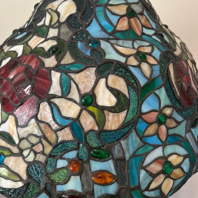 Royal Blue Vintage Art Nouveau Handcrafted Meyda Tiffany Style Rose Stained Glass Table Lamp For Sale - Image 8 of 12