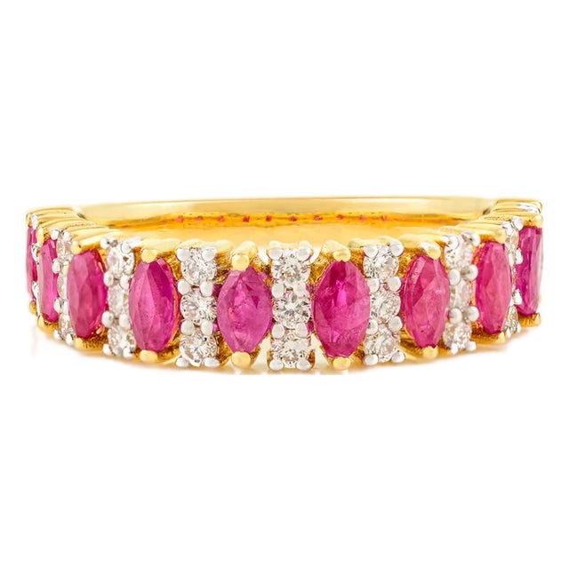 14k Yellow Gold Marquise Ruby and Diamond Chunky Ring Size 6.5 For Sale