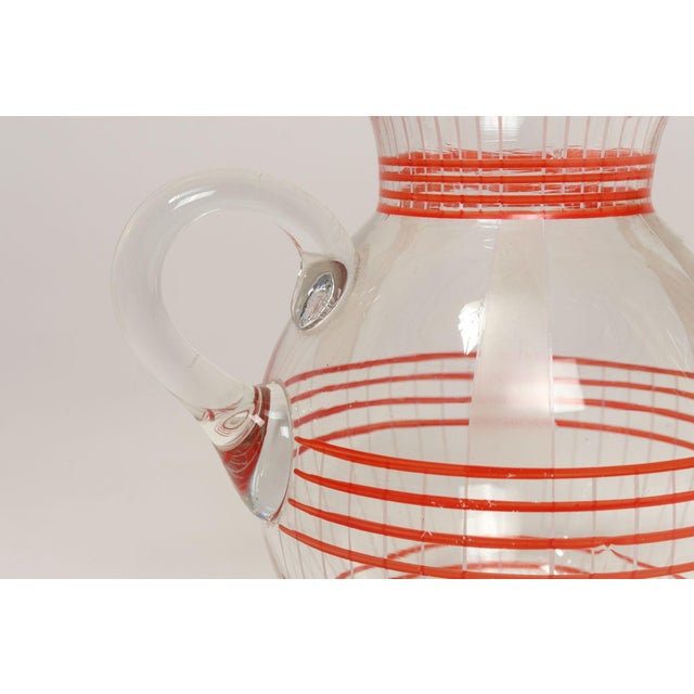 Transparent Art Deco Blown Glass Red Striped Bulbous Form Pitcher / Jug For Sale - Image 8 of 15
