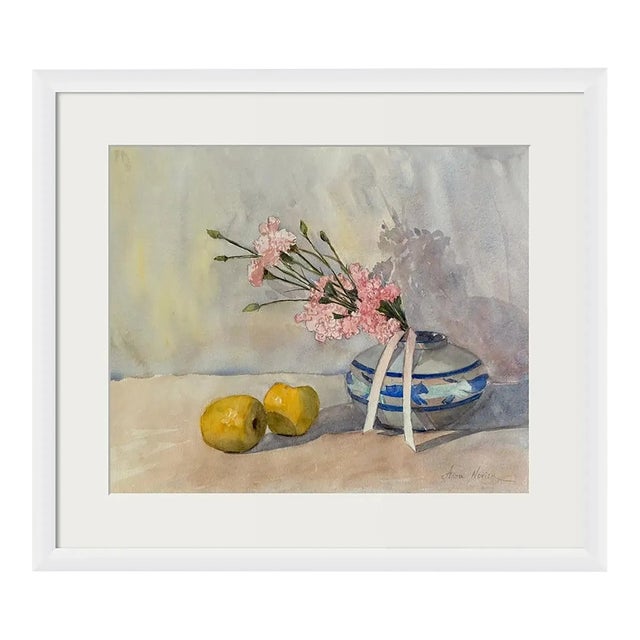 "Apples in the Sunlight" Original Impressionist Flower and Fruits Still Life Watercolor on Paper Painting Art by Anna Novick, Framed For Sale