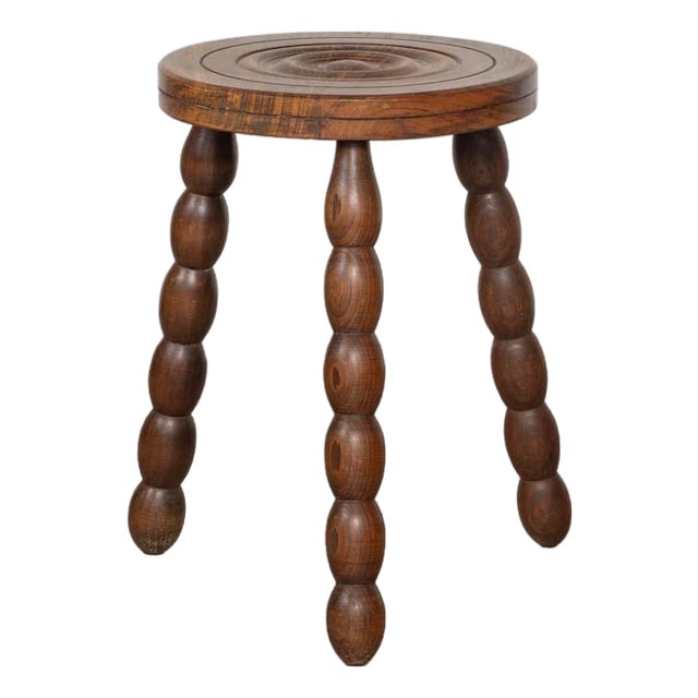 1950s French Bobbin Wood Tripod Stool For Sale