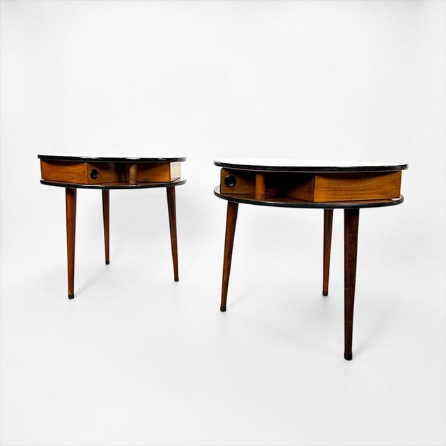 1950s Italian Round Side Tables with Radial Drawers, 1950s, Set of 2 For Sale - Image 5 of 17