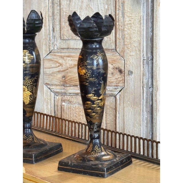 Pair of Black Tole Candlesticks For Sale - Image 6 of 10