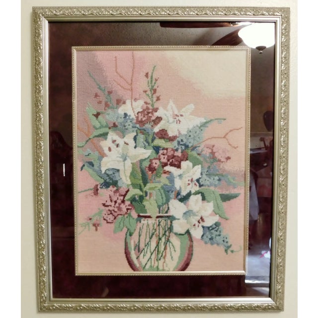 Lovely large vintage floral bneedlepoint hanging wall picture. Beautifully hand done needlepoint picture, matted and...