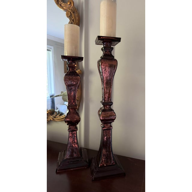 1990s Pair John Richard Oversized Aubergine Mercury Glass Tall Candlesticks 25” Hollywood Regency For Sale - Image 4 of 6