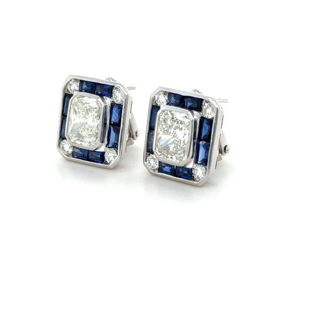 Mid 20th Century 4.34 Carat Radiant Cut Diamond and Sapphire Stud Earrings, Pair For Sale In Chicago - Image 6 of 9