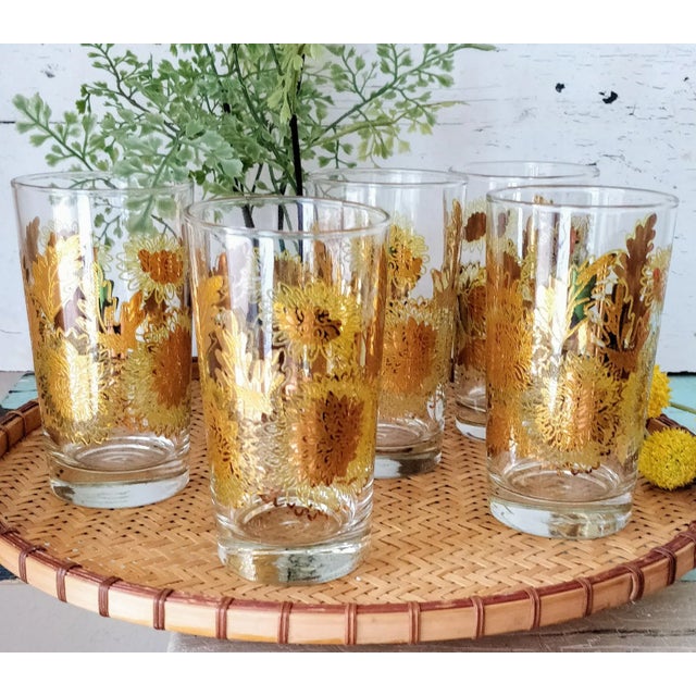 Metal Mid Century Gold Floral Glasses Set of Five Zinnia Garden For Sale - Image 7 of 10