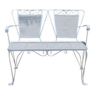 Vintage Mid-Century Modern Russell Woodard Style Wrought Iron Patio Settee Bench – Hollywood Regency Salterini Style Garden Loveseat For Sale