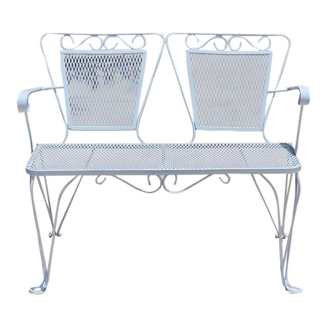 Vintage Mid-Century Modern Russell Woodard Style Wrought Iron Patio Settee Bench – Hollywood Regency Salterini Style Garden Loveseat For Sale